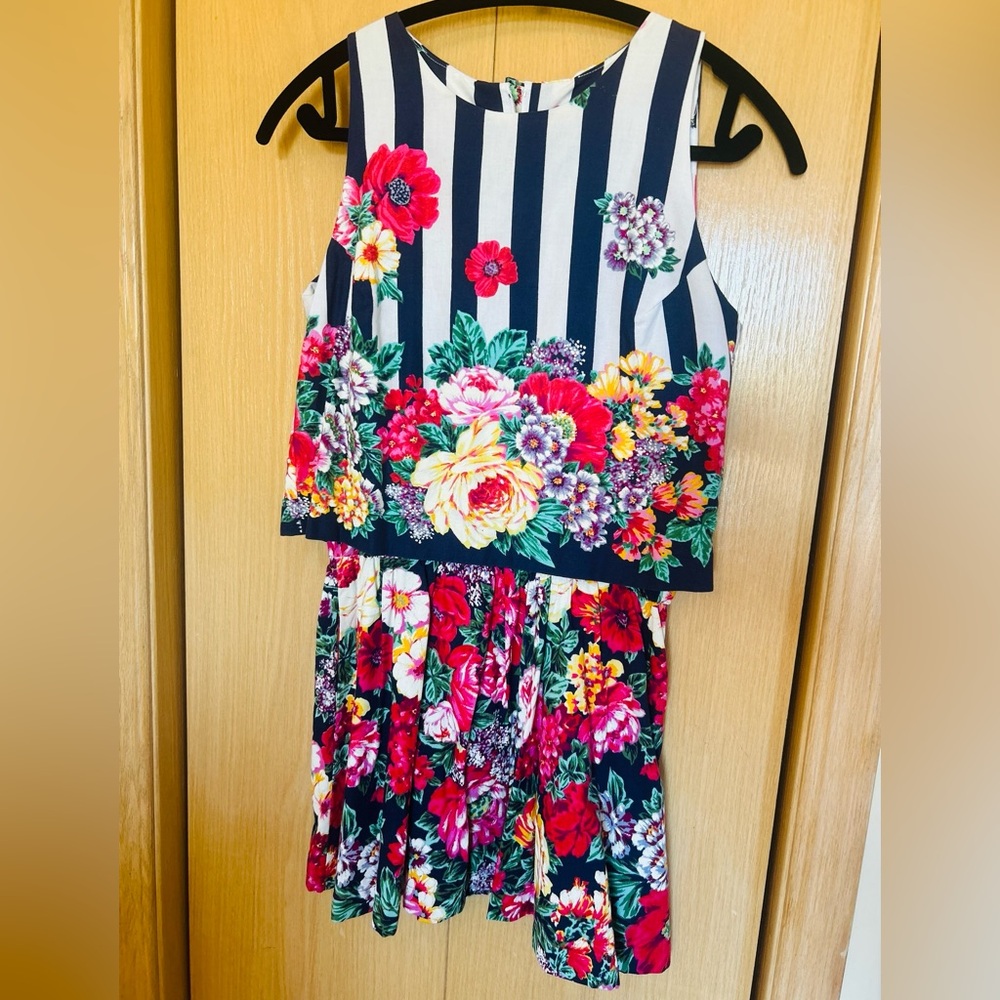 Vintage Vibrant Floral and Stripe Sleeveless One Piece Mini Dress